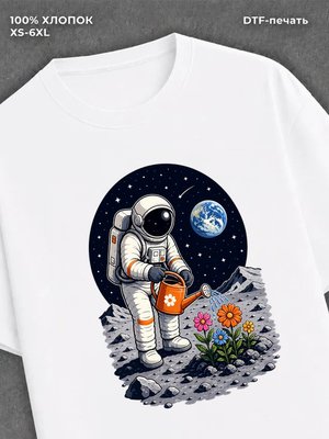 Футболка космонавт поливает цветы на луне